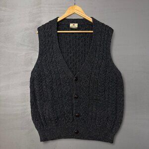 Vintage Carraig Donn Chunky Cable Knit Grey Button Up Cardigan Sweater Vest Larg